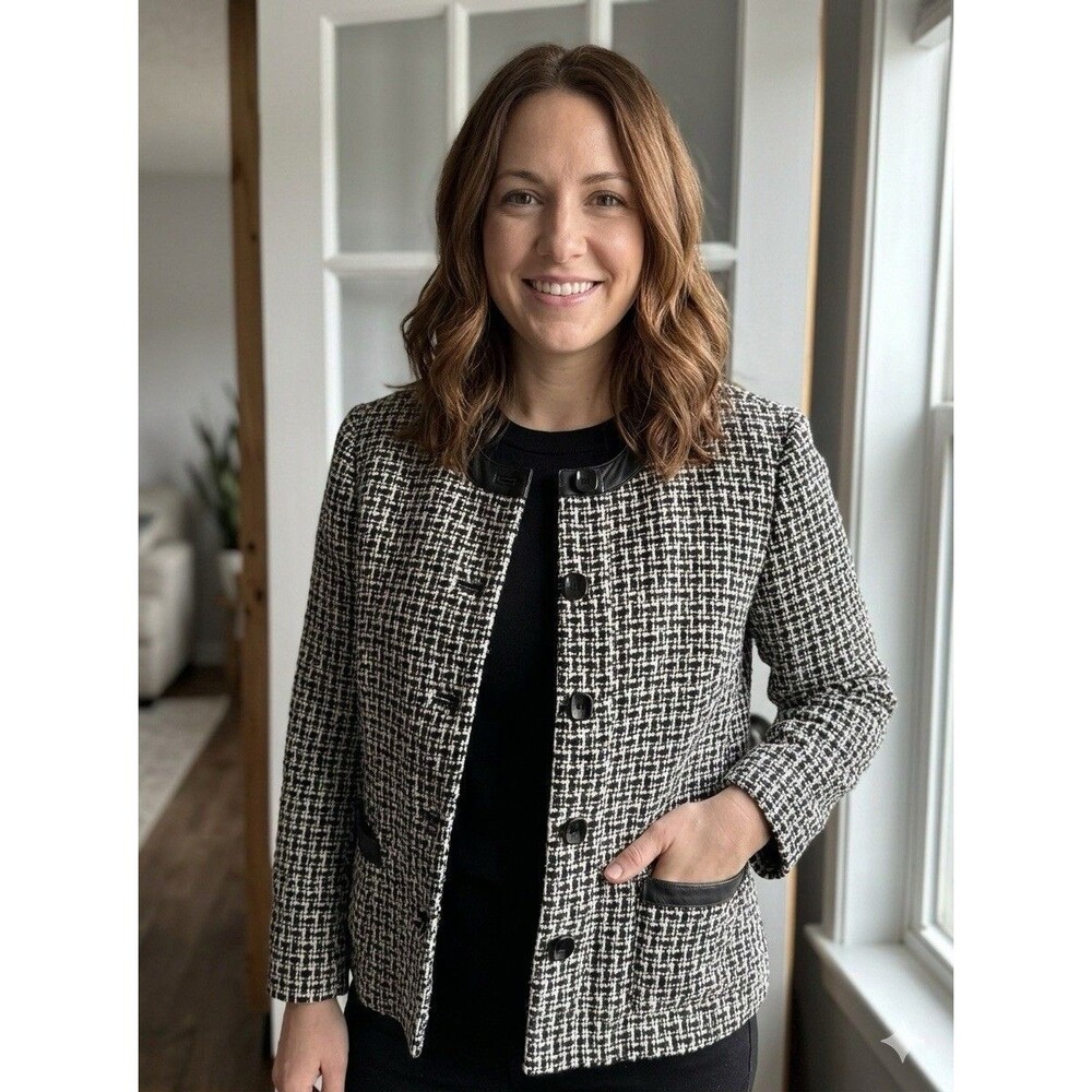 Pendleton Black & White Leather Trim Silk Blend Jacket Size 12 Vintage Old Money